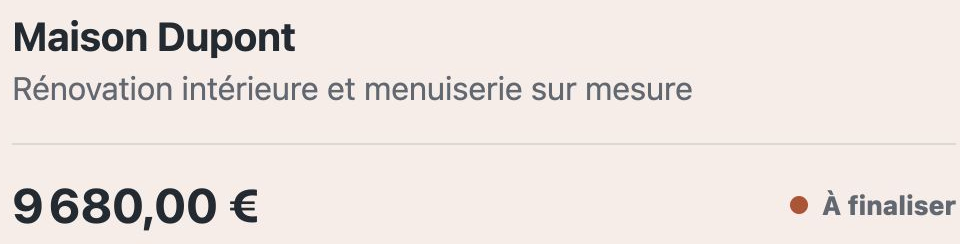 Extrait d’un devis Aylivo pour Maison Dupont : 9 680,00 € HT, à finaliser. Données fictives.