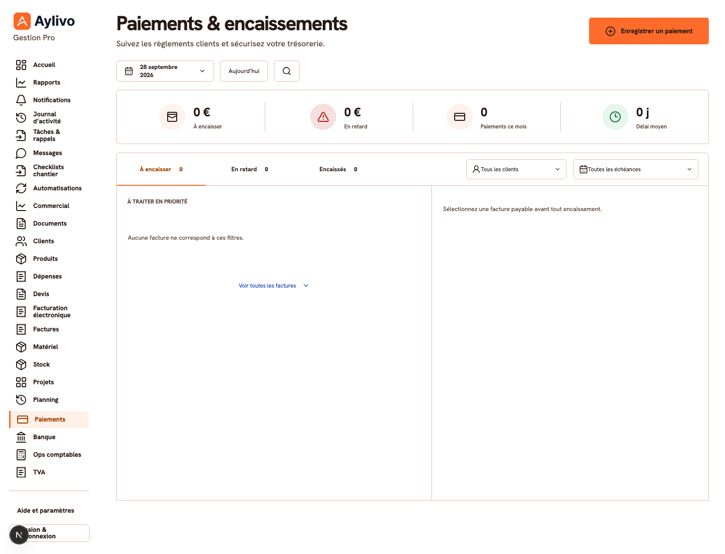 Écran paiements et encaissements Aylivo