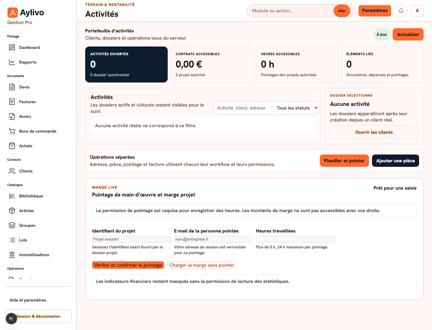 Pilotage des activités dans Aylivo