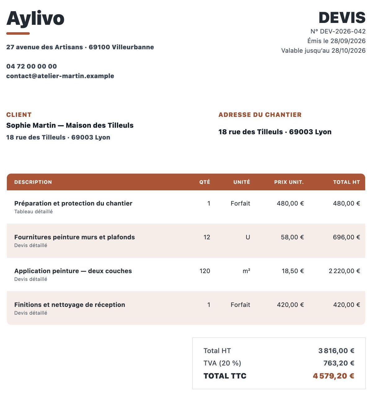 Extrait du devis PDF Aylivo : client, prestations et montant TTC de 4 579,20 €. Données fictives.
