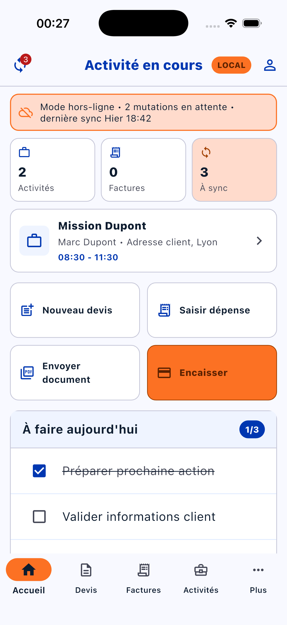 Aylivo sur mobile, avec état local visible